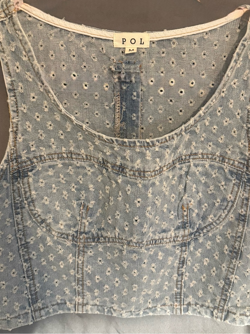 POL Light Blue Floral Eyelet Denim Crop Top
